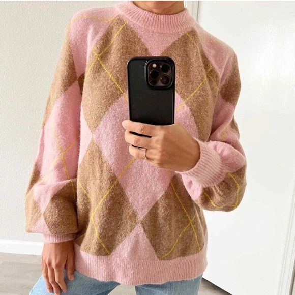 BODEN Argyle Pink Brown Jumper Sweater Alpaca Blend Cozy Light Academia Preppy - Picture 1 of 10
